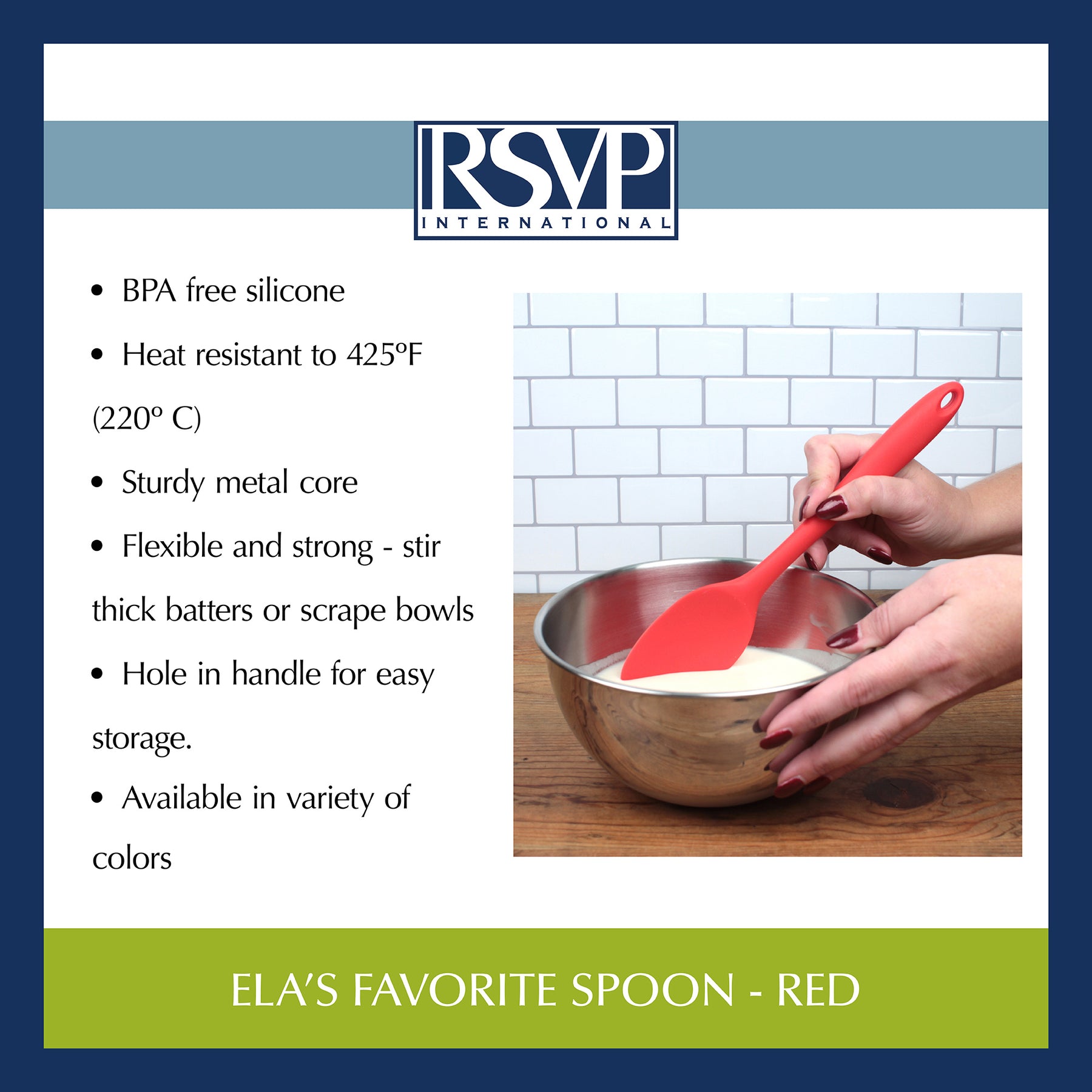  RSVP International Ela's Favorite Silicone Spatula Spoon, Red,  11, BPA-Free Silicone, Mix Thick Batters, Scrape Sauces, Stir Pasta, &  More